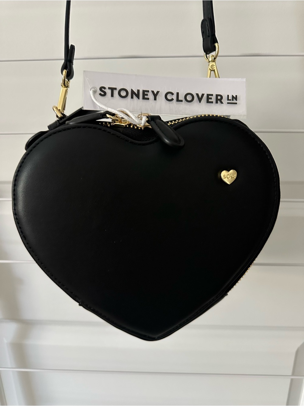 Stoney Clover Lane Black Heart Mini Crossbody with Gold Heart Charm NWT